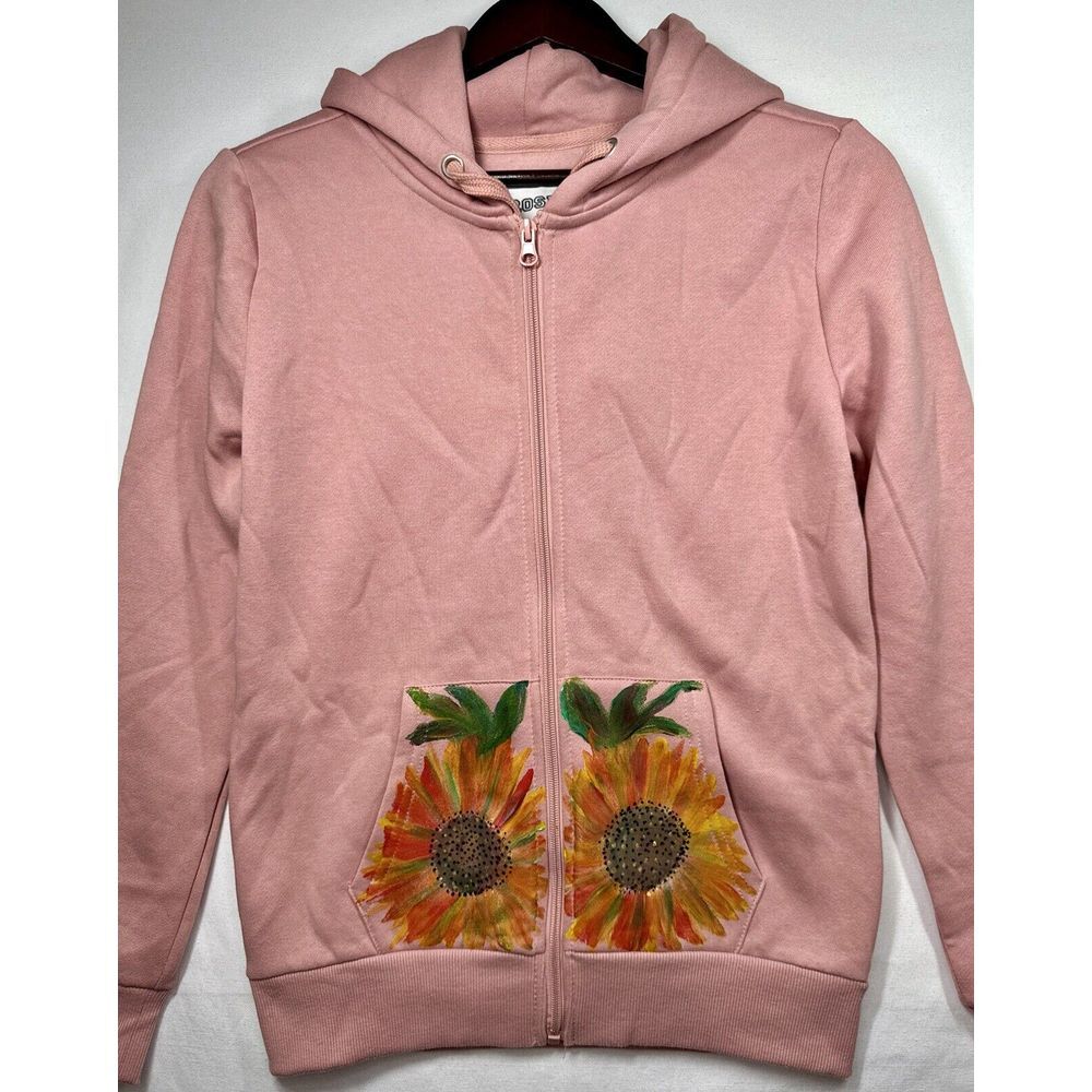 Rosio Women's Pink Hoodie Hand painted Flowers Sz Small‎
